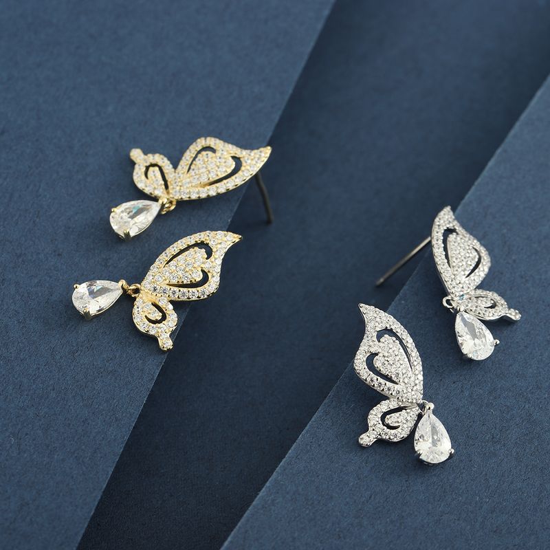 1 Paire Style Simple Style Classique Papillon Placage Incruster Argent Sterling Zircon Plaqué Or 14K Boucles D'Oreilles