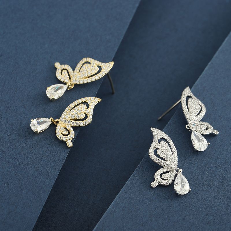 1 Par Estilo Simple Estilo Clásico Mariposa Enchapado Embutido Plata Esterlina Circón Chapado En Oro De 14 Quilates. Pendientes