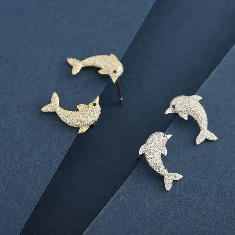 1 Pair Simple Style Classic Style Dolphin Plating Inlay Sterling Silver Zircon 14K Gold Plated Ear Studs