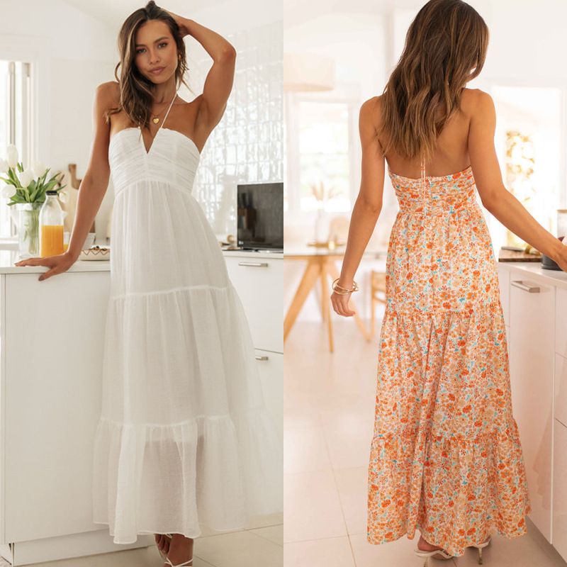 Women's Regular Dress Vacation V Neck Printing Backless Sleeveless Ditsy Floral Solid Color Maxi Long Dress Holiday Daily