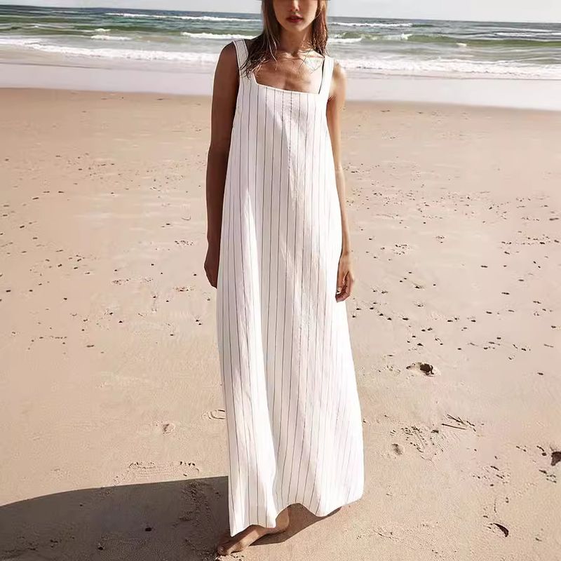 Women's Regular Dress Streetwear Square Neck Printing Sleeveless Stripe Solid Color Maxi Long Dress Holiday Daily