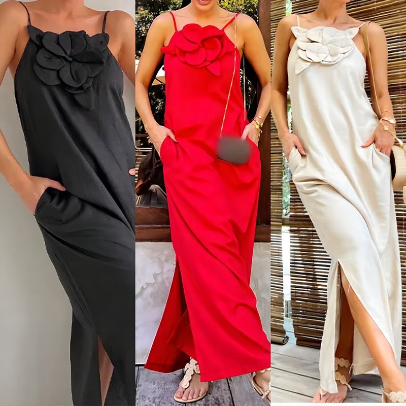 Women's Strap Dress Streetwear Strap Sleeveless Solid Color Flower Maxi Long Dress Holiday Daily