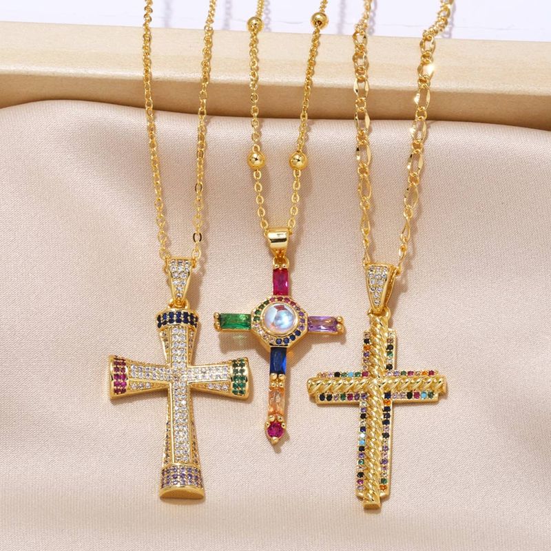 Copper 18K Gold Plated Modern Style Simple Style Plating Inlay Cross Zircon Pendant Necklace