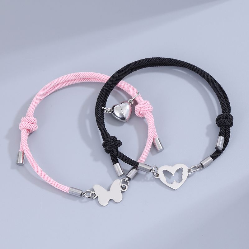 Sweet Simple Style Heart Shape Butterfly Alloy Rope Magnetic Hollow Out Couple Bracelets