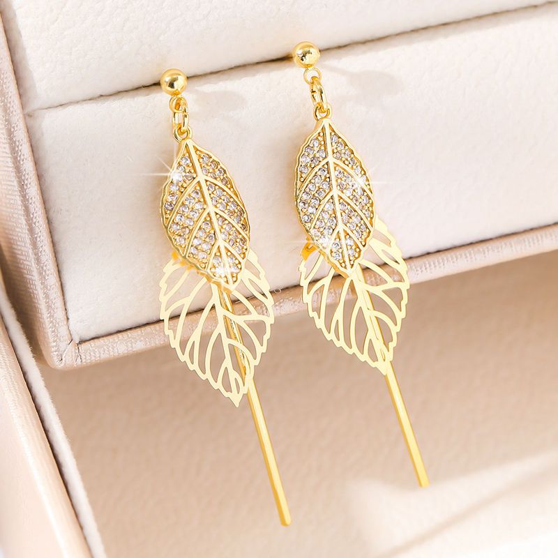 1 Pair Sweet Commute Leaf Plating Hollow Out Inlay Copper Zircon 18K Gold Plated Drop Earrings