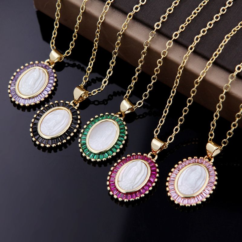 Wholesale Jewelry Shiny Oval Shell Copper Shell Zircon 18K Gold Plated Plating Inlay Pendant Necklace