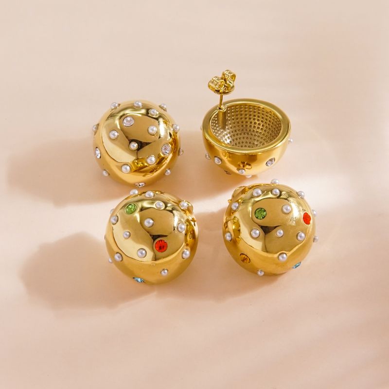 1 Pair Simple Style Round Inlay 304 Stainless Steel Pearl Zircon 14K Gold Plated Ear Studs