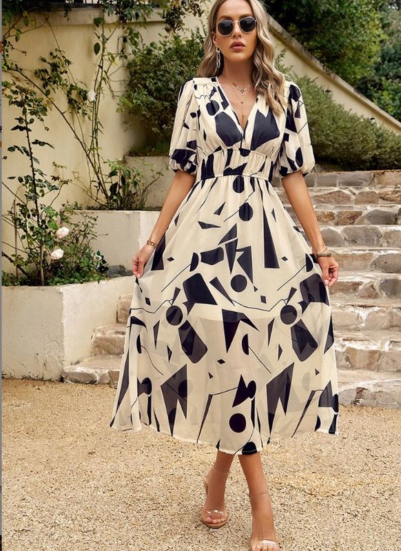 Frau Normales Kleid Einfacher Stil V-Ausschnitt Drucken Falten Halbarm Drucken Geometrisch Maxi Langes Kleid Ferien Täglich