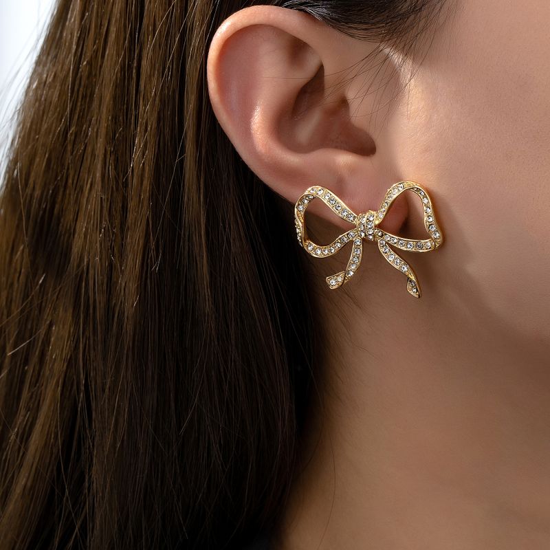 1 Pair Simple Style Shiny Bow Knot Plating Inlay Alloy Rhinestones 14K Gold Plated Ear Studs