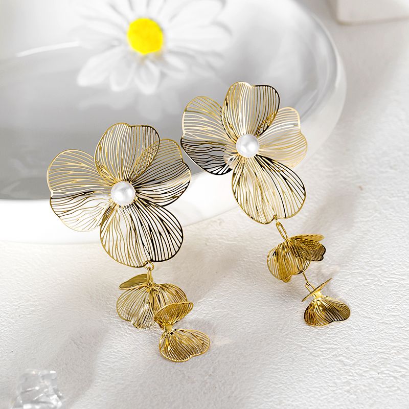 1 Pair Vintage Style Flower Plating 304 Stainless Steel 14K Gold Plated