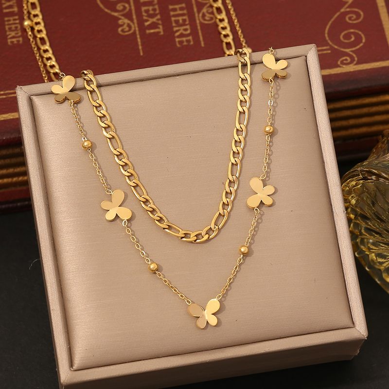 304 Stainless Steel 18K Gold Plated Elegant Commute Heart Shape Life Tree Butterfly Double Layer Necklaces