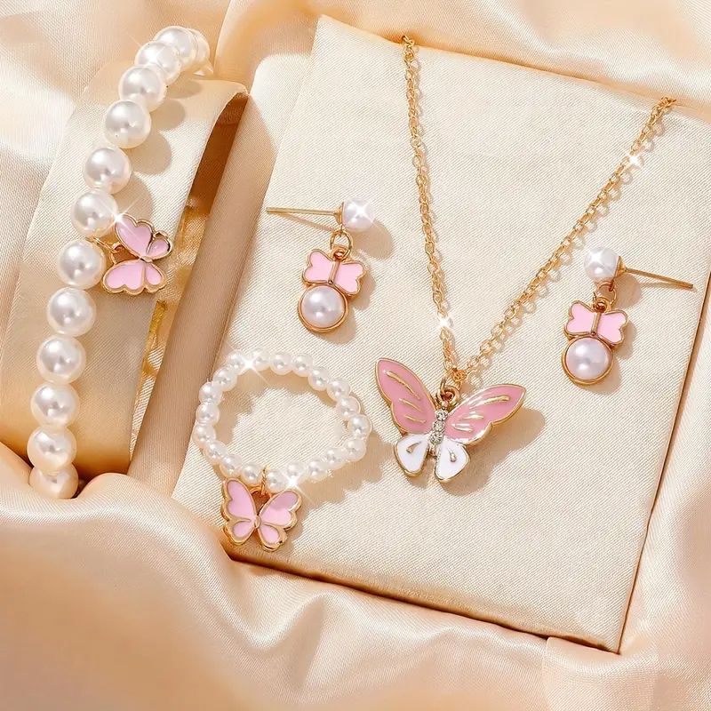Elegant Romantic Shiny Butterfly Arylic Alloy Beaded Inlay Artificial Pearls Rhinestones Women's Jewelry Set