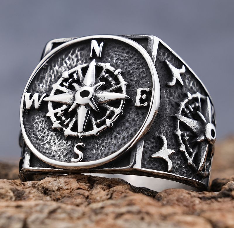 Hip-Hop Streetwear Compass 304 Stainless Steel Carving Men's Rings