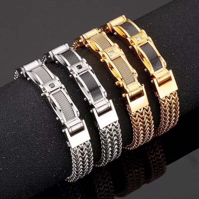 Hip-Hop Solid Color 304 Stainless Steel Inlay Zircon 18K Gold Plated Men's Bracelets