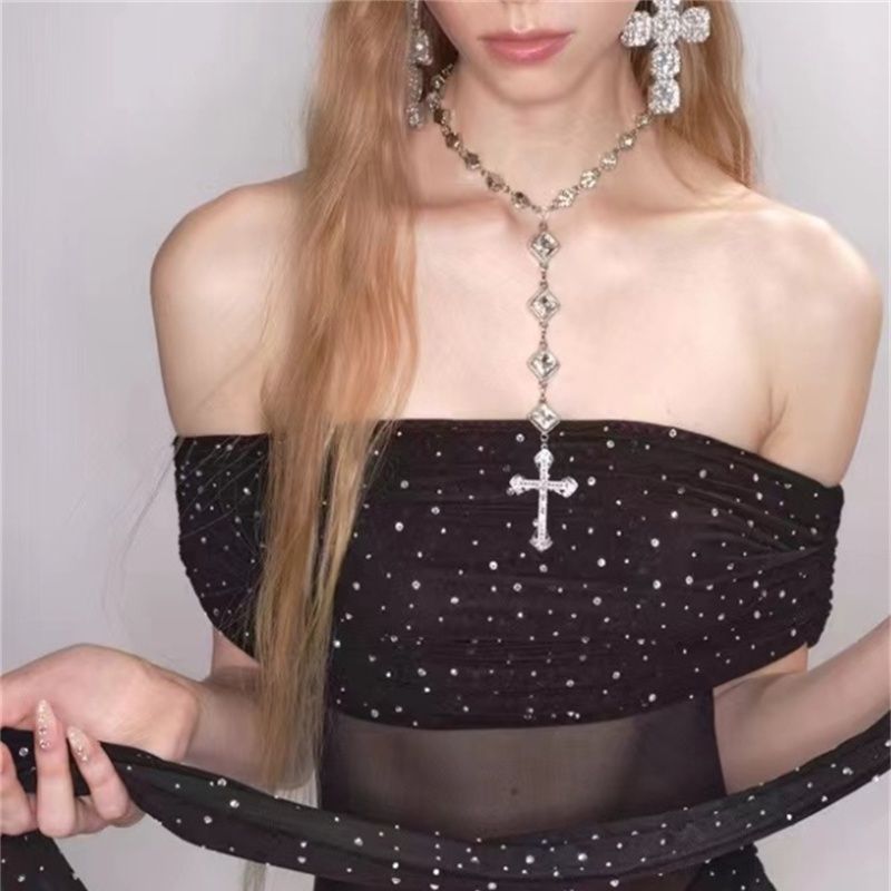 Wholesale Jewelry Hip-Hop Exaggerated Punk Cross Tassel Alloy Rhinestone Copper Rhinestones Silver Plated Plating Inlay Necklace