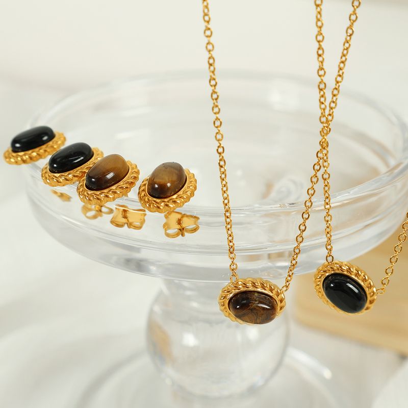 Tiger Eye Titanium Steel 18K Gold Plated Elegant Retro Plating Inlay Oval Glass Stone Tiger Eye Earrings Necklace