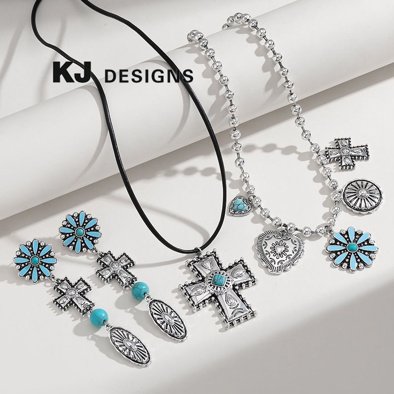 IG Style Retro Cross Flower Alloy Plating Inlay Turquoise Women's Earrings Necklace