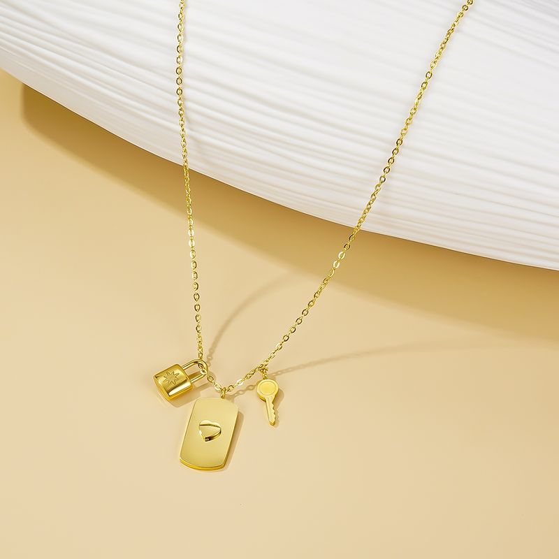 304 Stainless Steel Titanium Steel 18K Gold Plated Simple Style Classic Style Polishing Plating Heart Shape Key Lock Pendant Necklace