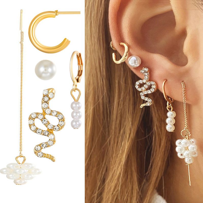1 Set Elegant Lady Modern Style Geometric Snake Inlay Alloy Artificial Pearls Earrings Ear Studs