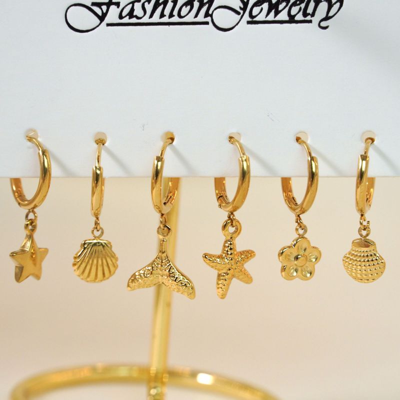 1 Piece Vintage Style Classic Style Star Shell Fish Tail Plating Inlay 304 Stainless Steel Agate Shell Zircon 14K Gold Plated Drop Earrings