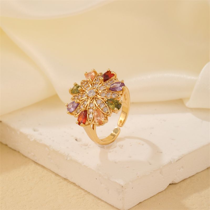 Copper K Gold Plated Elegant Cute Luxurious Plating Inlay Flower Petal Zircon Open Rings
