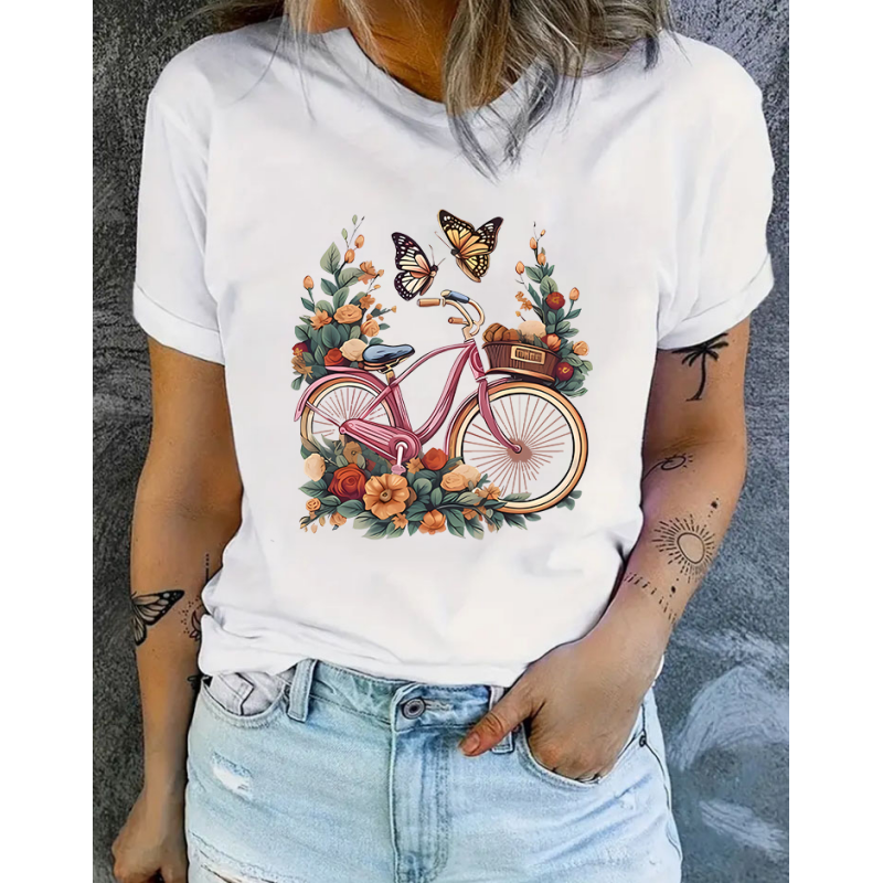 Frau T-Shirt Kurzarm T-Shirts Lässig Fahrrad Blume Schmetterling