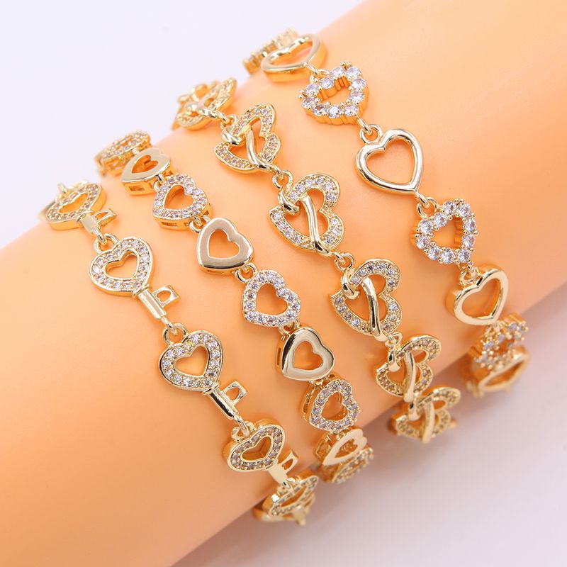 Wholesale Elegant Sweet Heart Shape Copper Plating Inlay 18K Gold Plated Zircon Bracelets