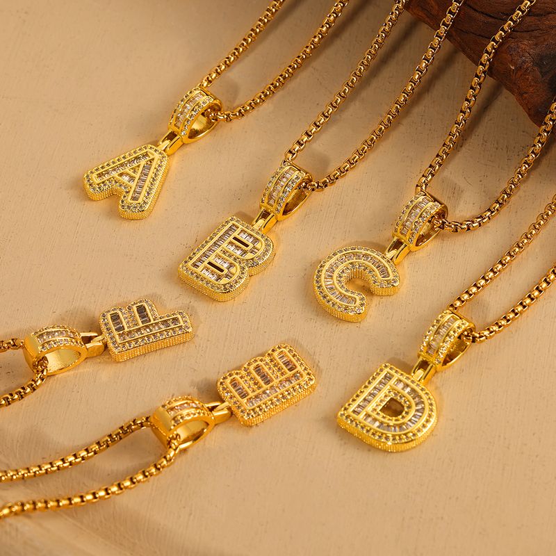 Titan Stahl Messing 18 Karat Vergoldet Einfacher Stil Pendeln Koreanische Art Inlay Brief Strasssteine Zirkon Halskette Mit Anhänger