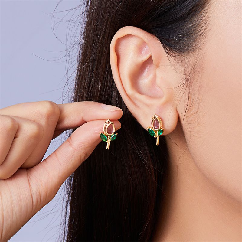 1 Pair Vacation Classic Style Flower Inlay Copper Glass Ear Studs