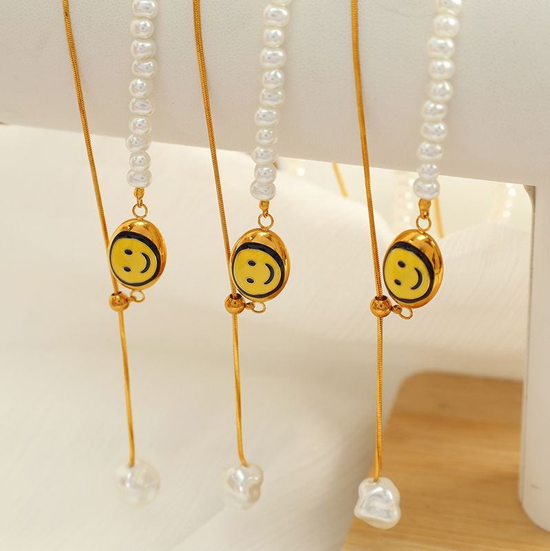 Cuentas De Plástico Acero Titanio Chapados en oro de 18k Estilo IG Estilo Coreano Cara Sonriente Collar Colgante
