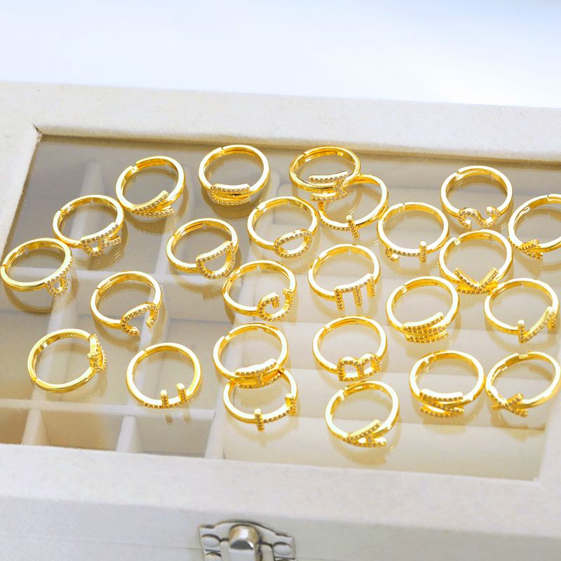 Copper Gold Plated Basic Classic Style Commute Plating Inlay Letter Zircon Open Rings