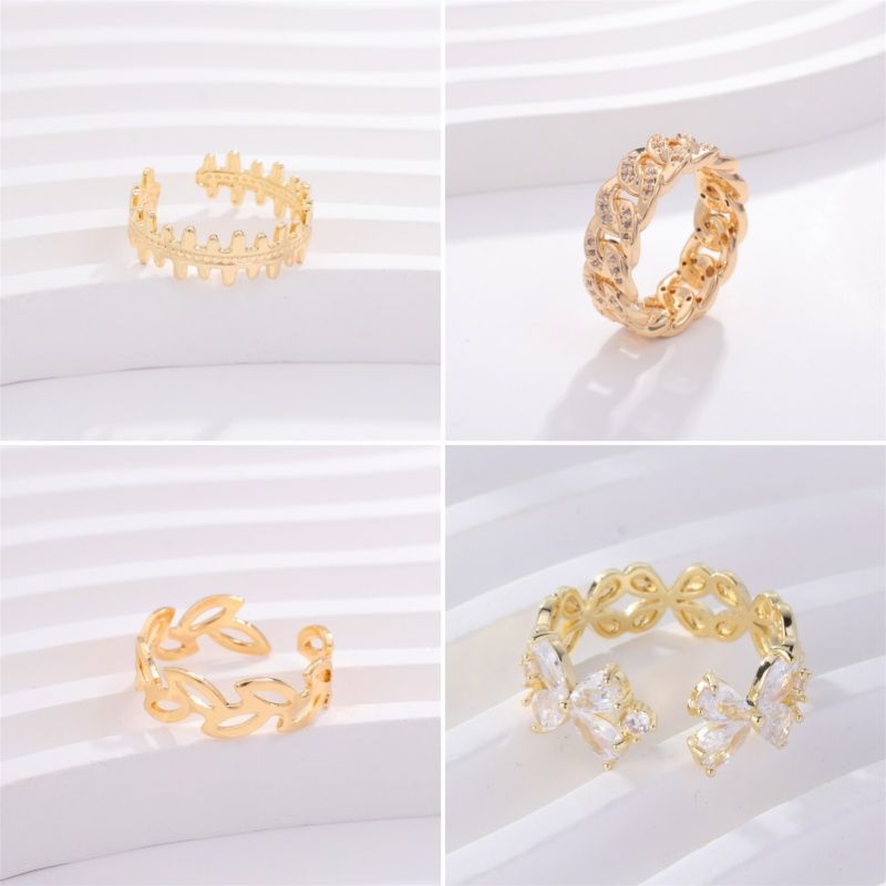 Copper K Gold Plated Elegant Cute Lady Hollow Out Inlay Leaf Circle Round Zircon Open Rings