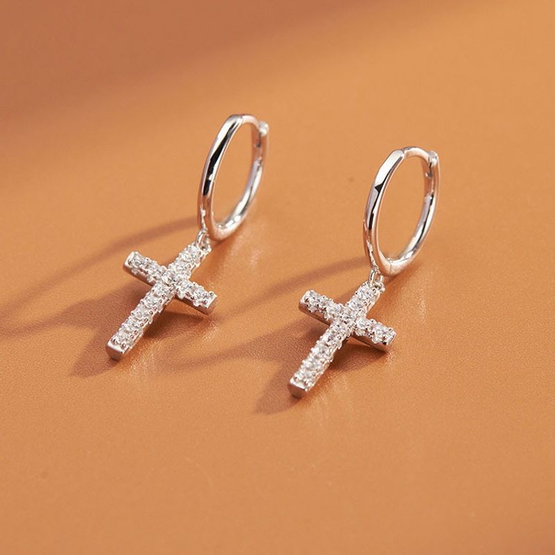 1 Pair Elegant Lady Cross Inlay Sterling Silver Zircon Drop Earrings