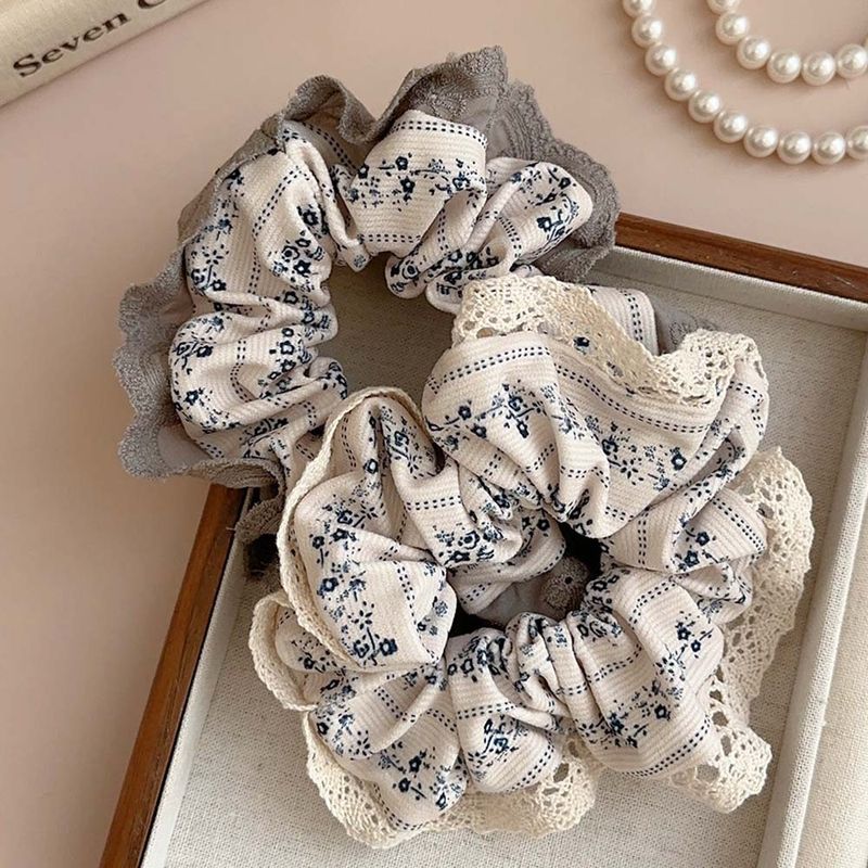 Women's Retro Sweet Flower Cloth Rubber Band Printing Lace Hair Tie