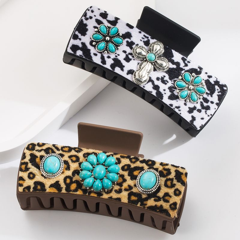 Women's Casual Vacation Classic Style Cross Alloy Cloth Inlay Turquoise Hair Claws