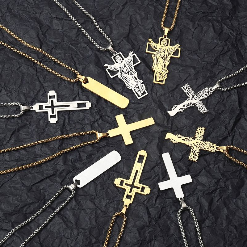 201 Stainless Steel Hip-Hop Hollow Out Human Cross Tree Pendant Necklace