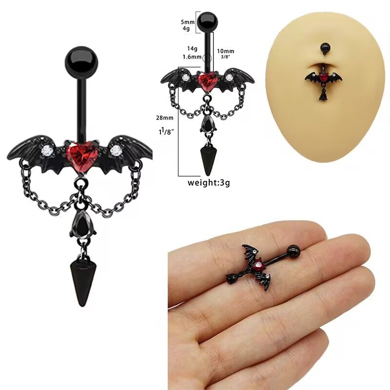 1 Piece Lip Rings Rock Punk Heart Shape Wings 316 Stainless Steel  Alloy Spray Paint Chain Inlay Glass White Gold Plated