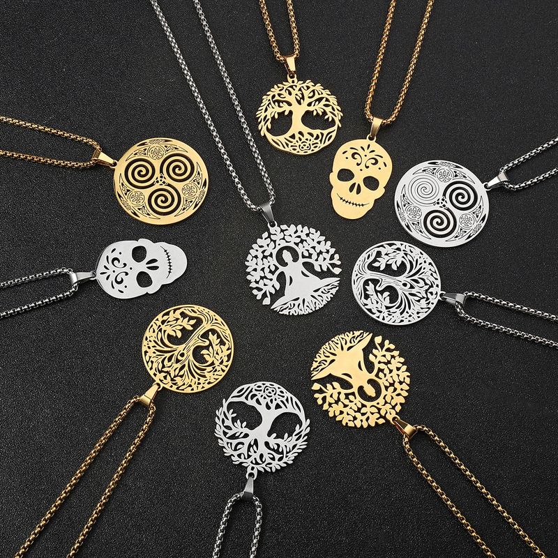 201 Stainless Steel Hip-Hop Hollow Out Round Life Tree Skull Pendant Necklace