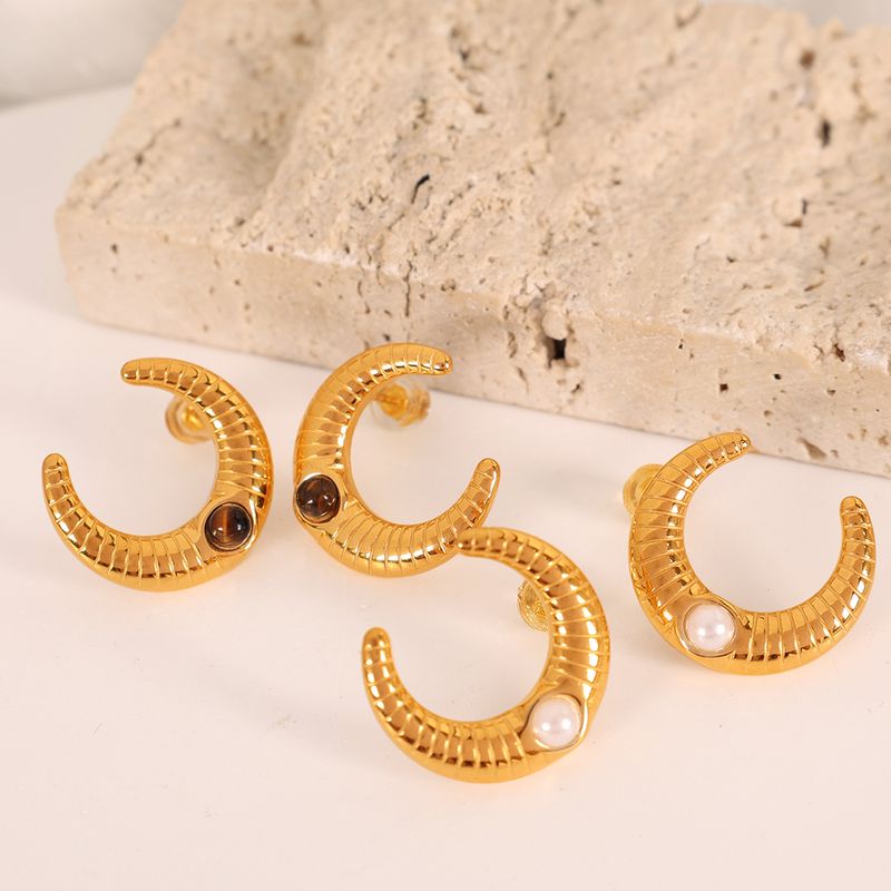 1 Paire Style Vintage Lune Placage Incruster Acier Au Titane Pierre De Verre Plaqué Or 18K Boucles D'Oreilles