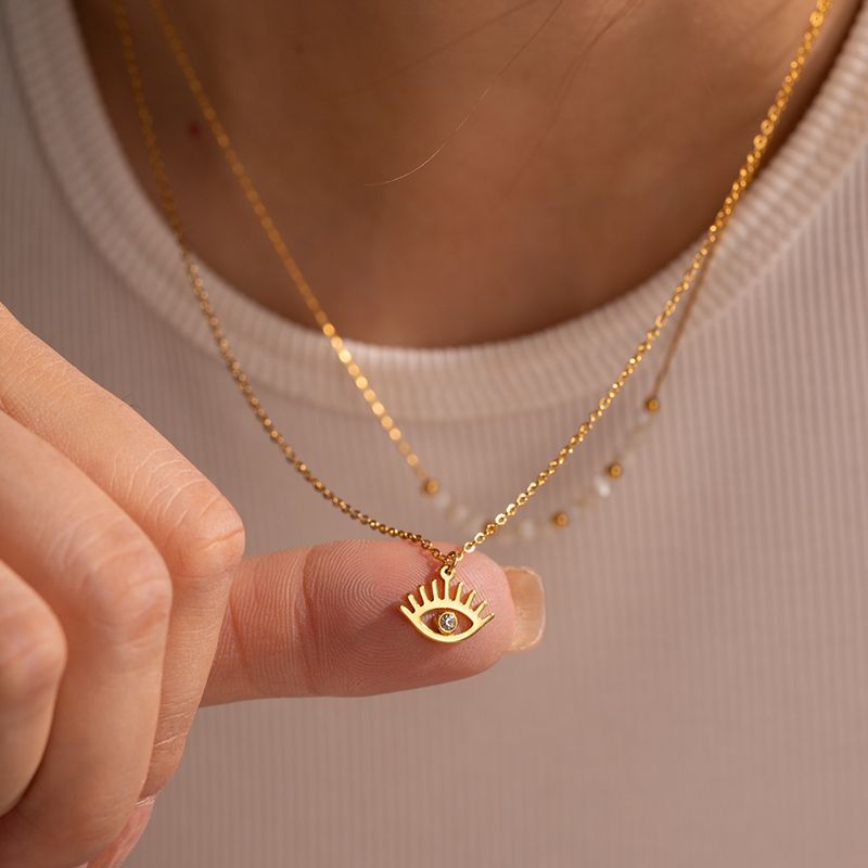 Acero Inoxidable 304 Chapados en oro de 18k Estilo IG Estilo Simple Con Cuentas Ahuecar Embutido Ojo Del Diablo Circón Collares De Doble Capa