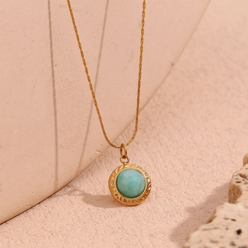 304 Stainless Steel 18K Gold Plated Vintage Style Simple Style Classic Style Plating Inlay Round Turquoise Pendant Necklace