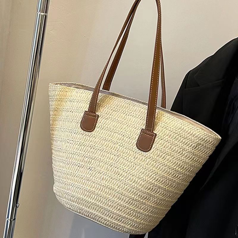 Women's Large Straw Solid Color Vacation Beach Weave Zipper Straw Bag