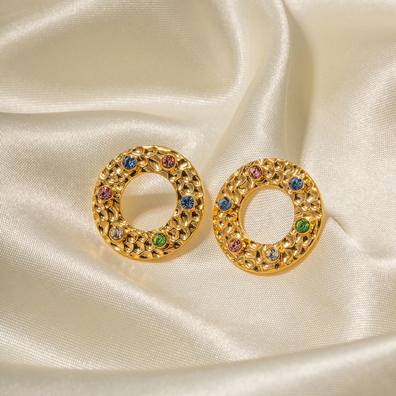 1 Pair IG Style Basic Classic Style Round Inlay 304 Stainless Steel Colorful 18K Gold Plated Ear Studs