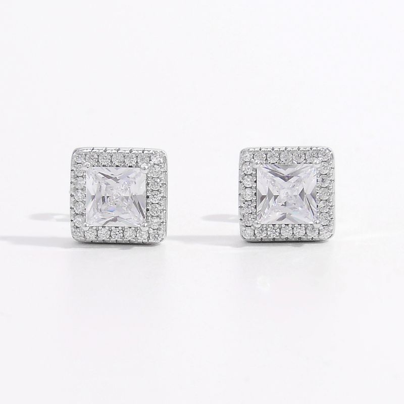 1 Pair Elegant Romantic Shiny Square Inlay Sterling Silver Zircon White Gold Plated Ear Studs
