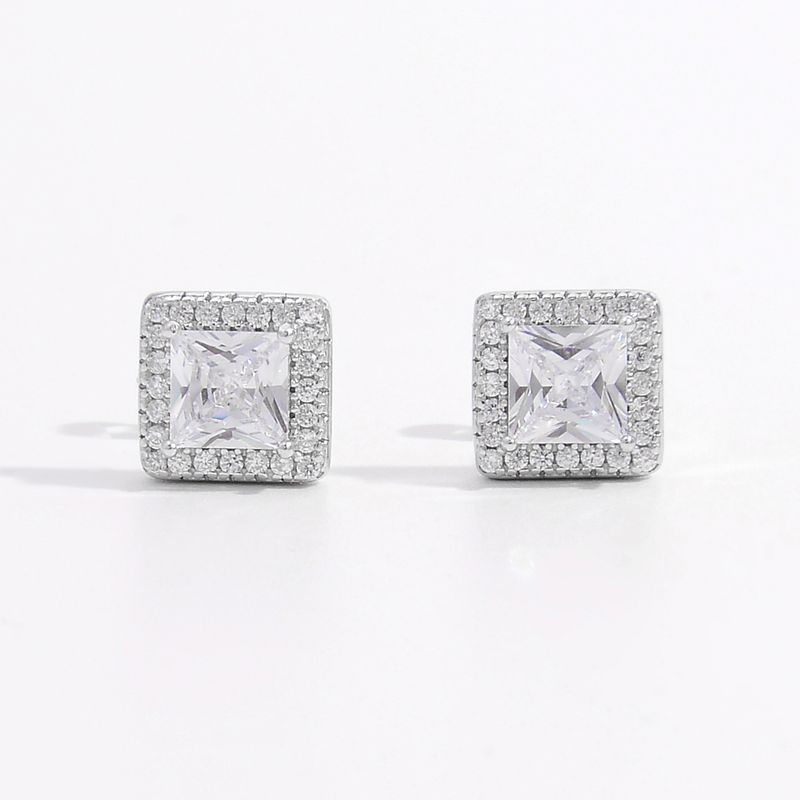 1 Par Elegante Romántico Brillante Cuadrado Embutido Plata Esterlina Circón Blanco Oro Plateado Pendientes