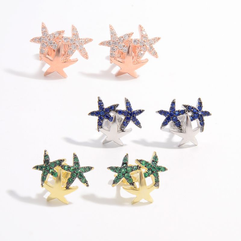 1 Pair Romantic Shiny Star Inlay Sterling Silver Zircon 14K Gold Plated White Gold Plated Ear Studs