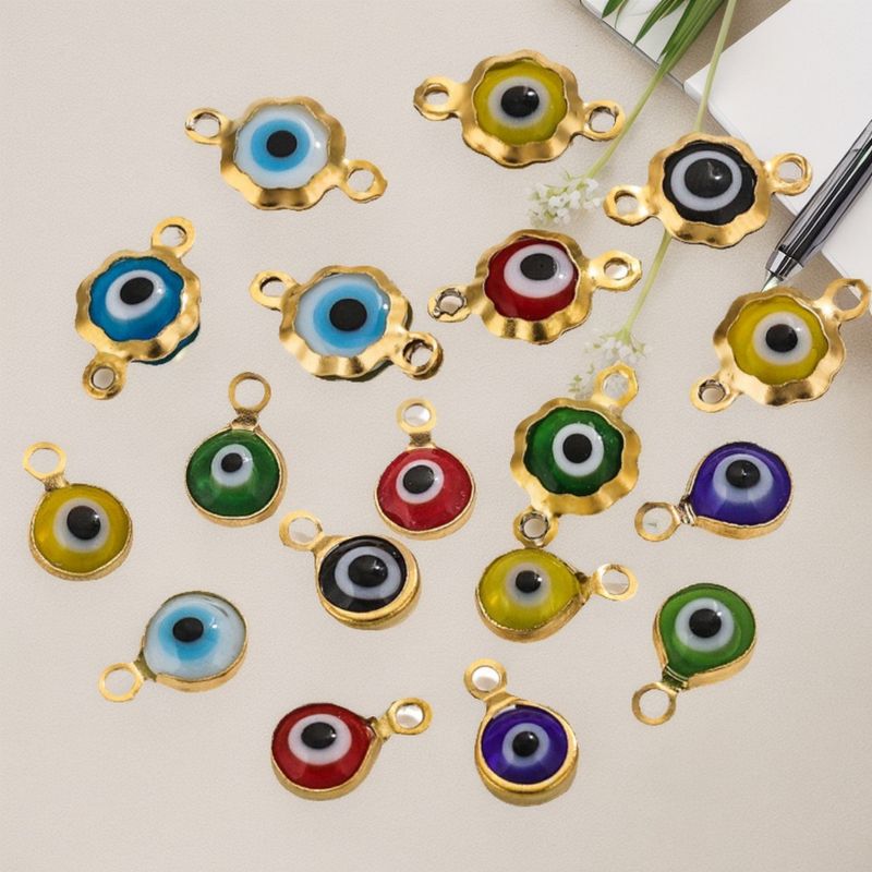Color-Preserving Stainless Steel Plated 18K Real Gold 6mm Single/Double-Ring Double-Sided Oil Dripping Devil Eye Pendant Diy Connection Accessories
