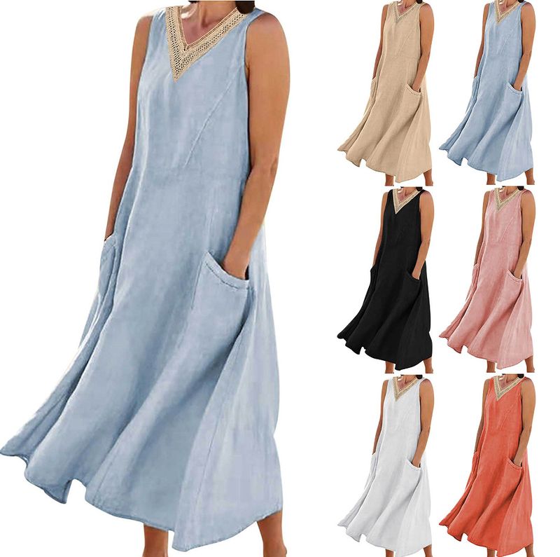 Women's Regular Dress Streetwear Scalloped Neckline Pocket Hollow Out Sleeveless Solid Color Maxi Long Dress Holiday Daily