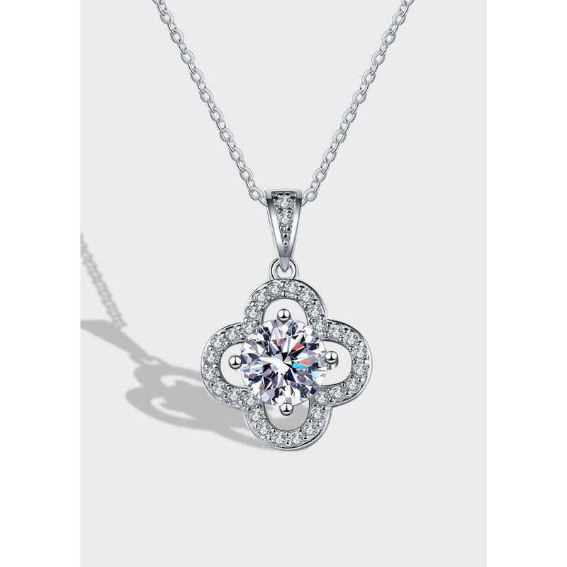 Sterling Silver IG Style Shiny Plating Inlay Four Leaf Clover Moissanite Zircon Pendant Necklace