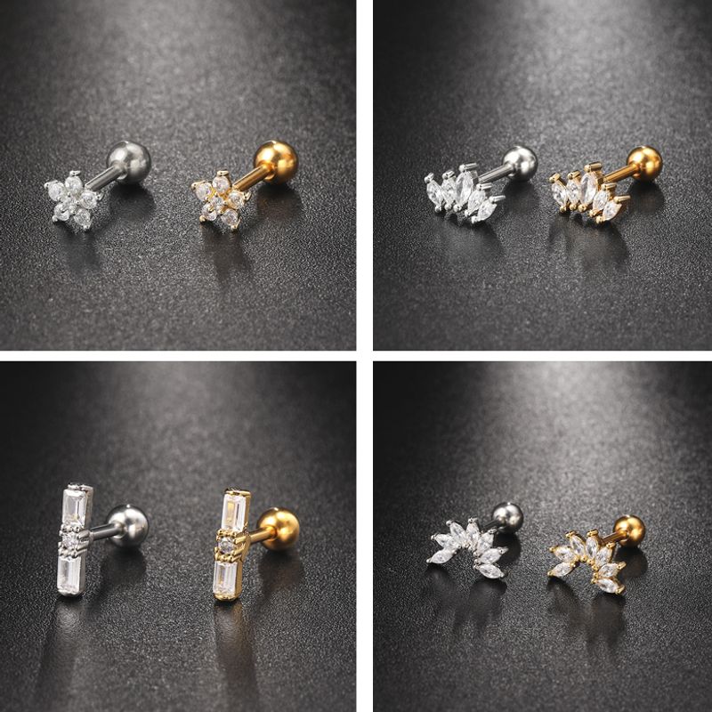1 Piece IG Style Elegant Modern Style Geometric Flower Inlay 304 Stainless Steel Copper Zircon 18K Gold Plated Ear Studs Cartilage Earrings
